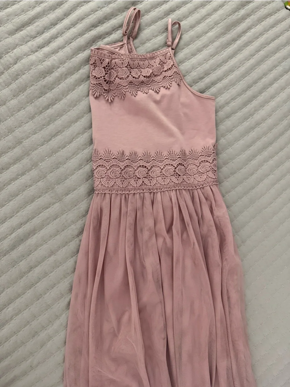 Girls' Dusty Rose Lace-Trim Casual Dress